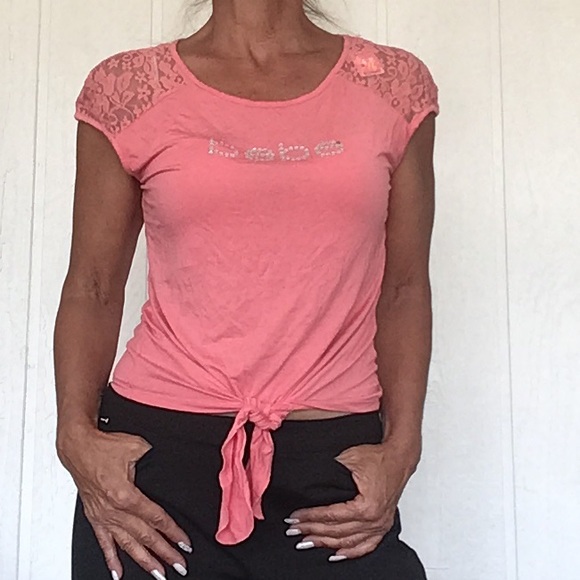 BEBE CRSYTAL LOGO TIE FRONT SHORT SLEEVE T SHIRT WOMENS MEDIUM - Picture 3 of 14